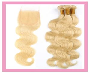 Cabelo humano malaio 613 cor loira 3 pacotes com fechamento de renda 4x4 meio três partes onda do corpo tramas de cabelo com quatro por fou4097879