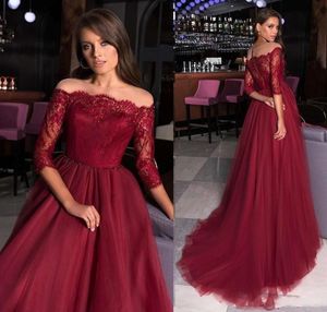 Robe Soiree 2020 Bourgogne tre kvarter långa ärmar aftonklänningar långa prom klänningar eleganta spets tyll formell festklänning7923028