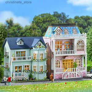 建築/DIYハウスDIYミニ木製ドールハウス家具ライトドールハウスカサアセンブリモデルピンクプリンセスヴィラアーキテクチャキットおもちゃの誕生日