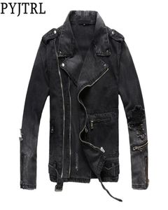 Pyjtrl New Mens Autumn Winter Thick Vintage Holes Ripped ripped risted Coated Black denim jacket for Motorcycle zippers Outwear 2011239512111