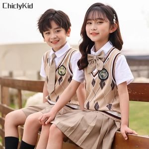 Boys Summer School Uniform Two Fake Shirts Shorts Girl T-shirt Pleated Skirts Kids Kindergarten Dress Child Students Clothes Set 240226