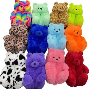 Teddy Bear Women Plush Cartoon Cute Bear House Indoor Furry Faux Fur Slides