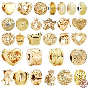 925 Sterling Silver Women's Charm Beads, Round, Gold Plated Series, Suitable for Original Women's Bracelets, Necklaces, Jewelry Gifts