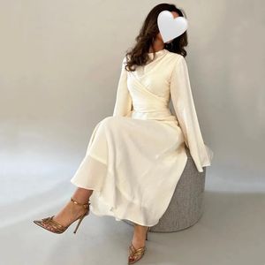 Aleeshuo Basit Suudi Arabistan Düz Renk Uzun Kollu Vestidos De Noche Aline Piled Plealed Şifon Oneeck Prom Elbise Anklelength 240228