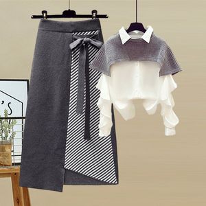 Zweiteiliges Kleid Frauen Herbst Winter Warme Gestrickte Zwei Stücke Sets Koreanische Langarm Pullover Pullover Top Und Hohe Taille Röcke Sets 230203