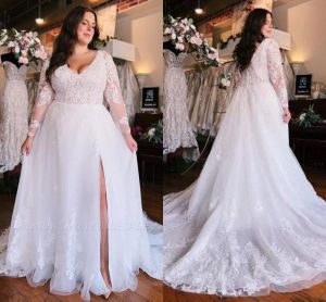 Bohemian Garden Summer Beach Plus Size Wedding Dresses A Line Sheer Long Sleeves V Neck Appliques Bridal Gowns with Split BC18312 ppliques