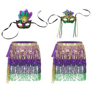 ステージウェア女性キラキラスパンカンベリーダンスパフォーマンスコスチューム衣装光沢のあるラップスカートレースアップタッセルミニスカート羽のマスク