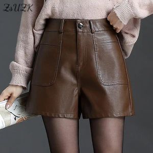 Shorts ZUZK PU Leder Shorts Für Frauen Lose Shorts Herbst Winter Motorrad Punk Hohe Taille Mode Bermuda Shorts Femme Boot Hosen