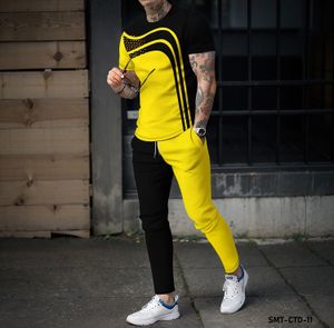 カラーブロッキングパターン3D印刷ファッションショートスリーブTシャツとパンツトワイスメンズ衣類セット240226