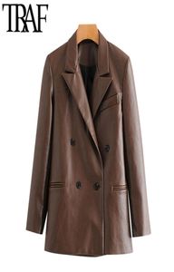 Traf Women Fashion Dwuzromizowane faux skórzane płaszcze płaszcz Vintage Notched Długie rękawie żeńskie eleganckie topy 2011141299604