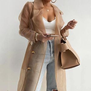 Kvinnors jackor kvinnor organza se även om solskyddsmedel långärmad dike sommarhöst mode dubbel breasted coat med bältet toppar outwear