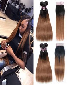 Jedwabny prosty 1B30 Dwukrotny kolor ludzki włosy 3 wiązki z koronkowymi końcami 4x4 Średnie Auburn Ombre Brazylian Virgin Hair Weves EX4575267