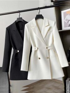 ブレザーファッションウーマンブレザー2023ウエストスリムダブル胸ドレススーツジャケットスプリング新しい純粋な色エレガントストレートホワイトブレザー