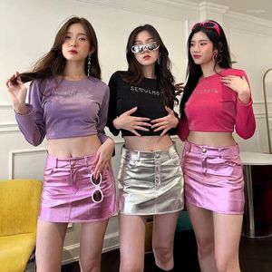 Saias y2k rosa metálico moda meninas saia curta manequim bolso fino ajuste brilhante cintura alta coreano halfskirt mulheres roupas