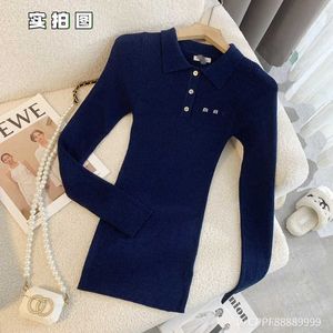 Bustiers korsetter Designer Brand Miu Autumn New Women's Navy Blue Polo Neck Tight Fit Slim Top Long Sleeve Sun Protection Coat Underlay T Shirt For Women