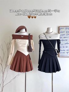 Dresses Work Women's Black Skirt Sets Y2k High Waist A-Line Mini Leather Skirts And Long Sleeve T-Shirt Haruku Vintage Korean 2000S s