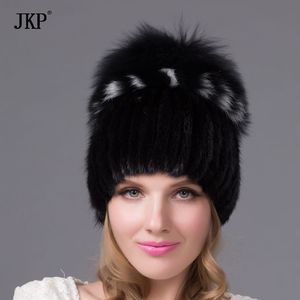 Chapéu feminino de malha com pele de vison, chapéu de pele feminino com forro de pompom de pele de raposa, chapéu feminino de inverno para gorros DHY-25 D1236h