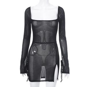 Abito da donna Sheer High Strecth Tulle Abiti con spacco laterale Abito trasparente con maniche lunghe e corsetto Slim Abito con lacci Club sexy 2023 Abbigliamento 306