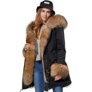Pur 2022 New Moda Natural Real Fox Fur Collar Jacket Black Parka feminino com pêlo Winter Coat Warm Fur Outerwear Women