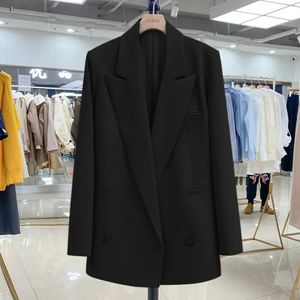 Moda katı blazer sonbahar kış kadınları gevşek takım elbise ofis bayan blazers turuncu siyah ceket yaka dış giyim cep kapları 240226