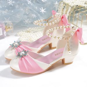 Kids Leather Shoes for Girls Knot Banquet Party Children High Heel Shoe for Kids Girls Sandals Student Crystal Princess Shoes 240220