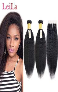 Cheap Kinky Straight Virgin Hair 2 Bundles With Lace Closure Middle Three Part 3 Pieceslot Unprocessed Human Hair Coarse Yak3000908