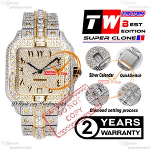 40mm XL Pave Diamond-Set A2824 Automatic Mens Watch TWF Two Tone Yellow Gold Baguette Cut Diamonds Arabic Script Dial Iced Out Steel Bracelet Super Edition Puretime