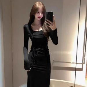 Dress Black Sexy Dresses Women Autumn Vintage Slim Fashion Shirring Party Casual Temperament French Style Long Sleeve Clothing Females