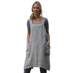 Casual Dresses Women Side Pocket Patchwork Vintage Cotton Linen Loungewear Loose Backless Crossover Suspenders Dress Female Gown