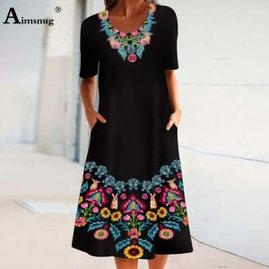 Abito da donna lungo della Boemia Abito lungo Oneck Modello Abiti con stampa floreale 2022 Nuova estate Indie Folk Abito dritto Oversize Robe Femme