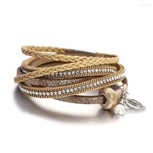 Braccialetti con ciondoli Amorcome Perline in ceramica bohémien Foglia di perla per donna Bracciale lungo intrecciato in pelle Bracciale avvolgente in pelle Femme Regalo di gioielli per feste