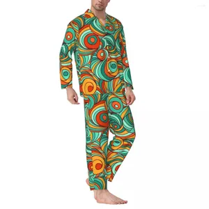 Erkekler Sweetwear Swirling Retro 70s Pijama Set Soyut Çizgiler Baskı Moda Erkekler Uzun Kollu Estetik Oda 2 Parça Nightwear Plus Boyut