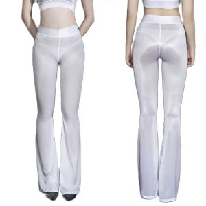 Capris Oil brilhante brilhante calça de brilho super fino transparente, veja através de roupas de boate sexy e sexy look molhado de legging elástica alta elástica