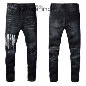 Designer Jeans Trend amirrs-fluid spray painted colorful letter hole patch elastic tight legged jeans 63TB