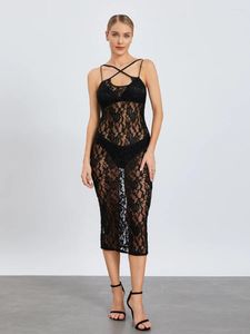 Casual Dresses Women Y2k Lace Mesh Dress Sexy Sleeve V-neck See-through Asymmetric Sheer Ruffled Slim Fit Long