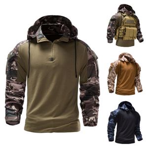 2023 NYTT MEN MILTISTRIKT Fält utomhus Camo Hoodie med avtagbar fickkamp Elastisk T-shirt