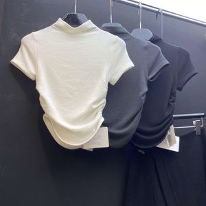Vår/sommarhalva höghals Slim Fit Short Sleeve T-shirt för kvinnor 2024 Ny full axel söt kryddig tjej vit ren önskan kort topp