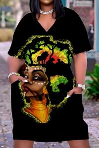 Abito da ragazza nera africana Abito da tasca con stampa 3D Abito da donna a maniche corte Abiti da festa midi femminili sexy con scollo a V bohemien indiano Boho