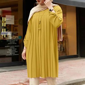 Tops Pleated Solid Shirt ZANZEA Women Summer Full Sleeve Muslim Blouse Dubai Turkey Abaya Blusas Casual Long Tops Tunic