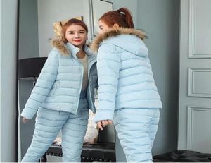 Vestido de duas peças inverno feminino quente neve conjunto com capuz parka casaco calça agasalho feminino para baixo jaqueta de algodão suit3353136