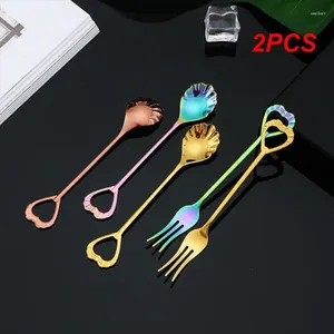 Spoons 2PCS Stainless Steel Donuts Candy Spoon Forks Kitchen Tableware Cutlery Set Cake Coffee Honey Soup Stirring