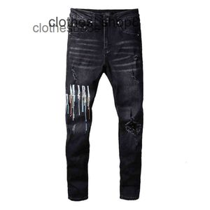fashion brand Designer Men Jeans Amirs Pants Trend Amirs spray painted colorful letter hole patch elastic tight legged jeans #830 AZMR