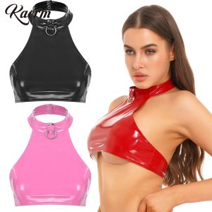 Camis mulheres de couro patente punk tubo superior halter pescoço o anel gótico colheita superior mini sutiã camisas rave festa clube dancewear sexy colete