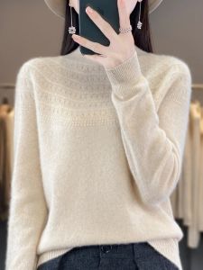 Pullovers 100% Merino Wool Cashmere Women Knitted Sweater Mockneck Long Sleeve Pullover Spring Autumn Hollow Out Clothing Jumper Top