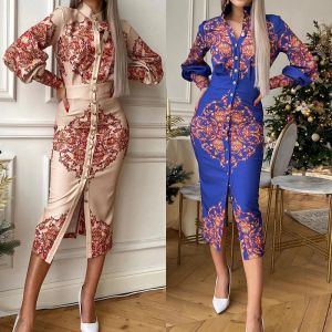 Dress 2023 Summer Women's Sexy Printed Stand Collar Long Sleeve Midi Dress, Single Breasted High Waist Slim Shirt Dresses for Women