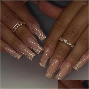 False Nails 24Pcs Long Ballerina French Gold Glitter Fake Fl Er Nail Tips Press On Diy Detachable Coffin Drop Delivery Dhcvf