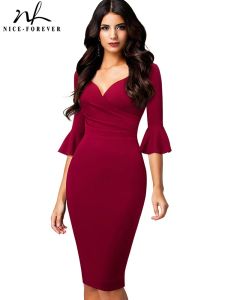 Klä dig niceForever Autumn Women Solid Color with Flare Sleeve Elegant Dresses Cocktail Party Vintage BodyCon Slim Dress B682