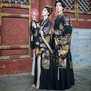 Antico abito tradizionale cinese Nero Hanfu Imposta abbigliamento abbinato per coppia Costume cosplay di Halloween Danza orientale Uomo Donna 240220