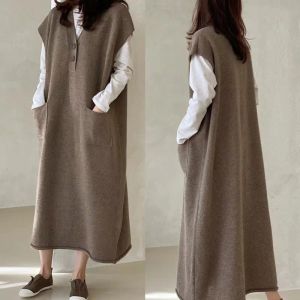 Klä ny koreansk mode casual lös kashmir klänning kvinnor stickade vneck fickor kort ärm tröja långa klänningar hösten vestidos