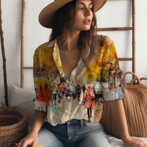 Shirt Damen Loses langärmeliges Hemd Kreatives Ölgemälde 3D-Druckhemd Frühling und Herbst Outdoor-Freizeithemdkleidung